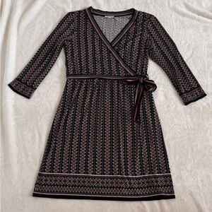 Max Studio Size Large 3/4 Sleeve Dress. Black with beige and red floral/stripe